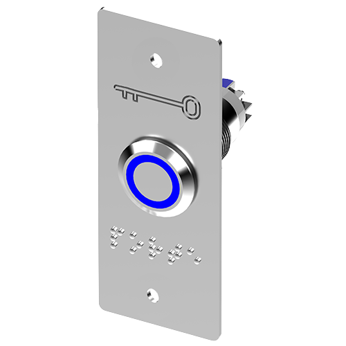Bouton poussoir Inox bleu 19mm, bornier à vis + plaque – BOUTON POUSSOIR